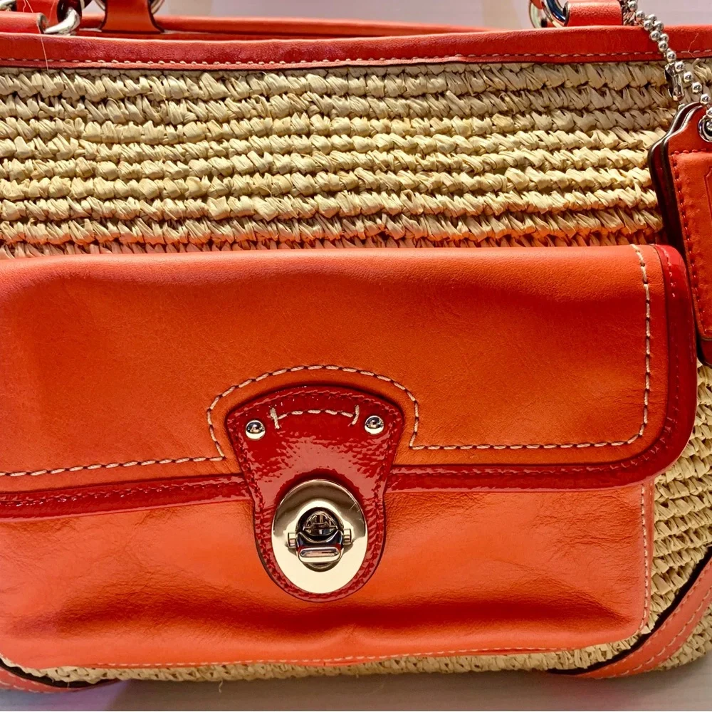 Coach Legacy Resort Summer Collection Raffia/Coral Leather Tote & Clutch